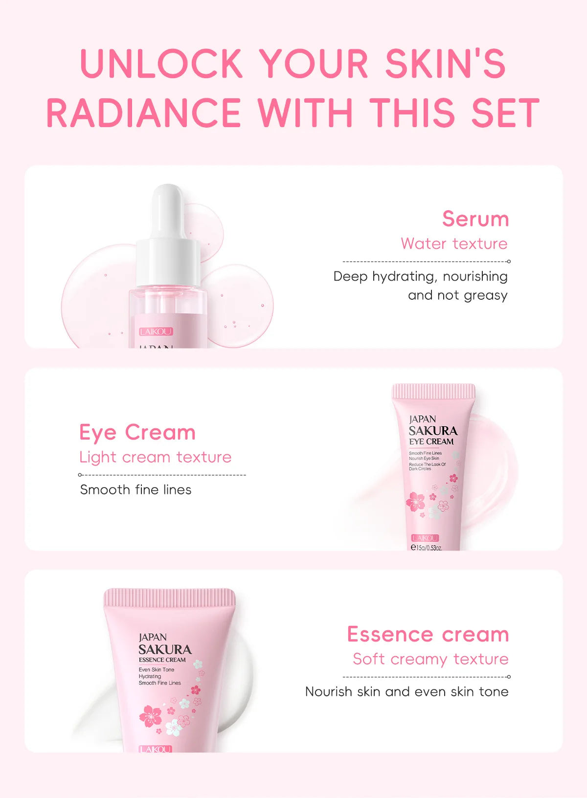 ✨ Sakura Skin Care Set (3 pcs) – Hidratação, Nutrição e Iluminação Diária