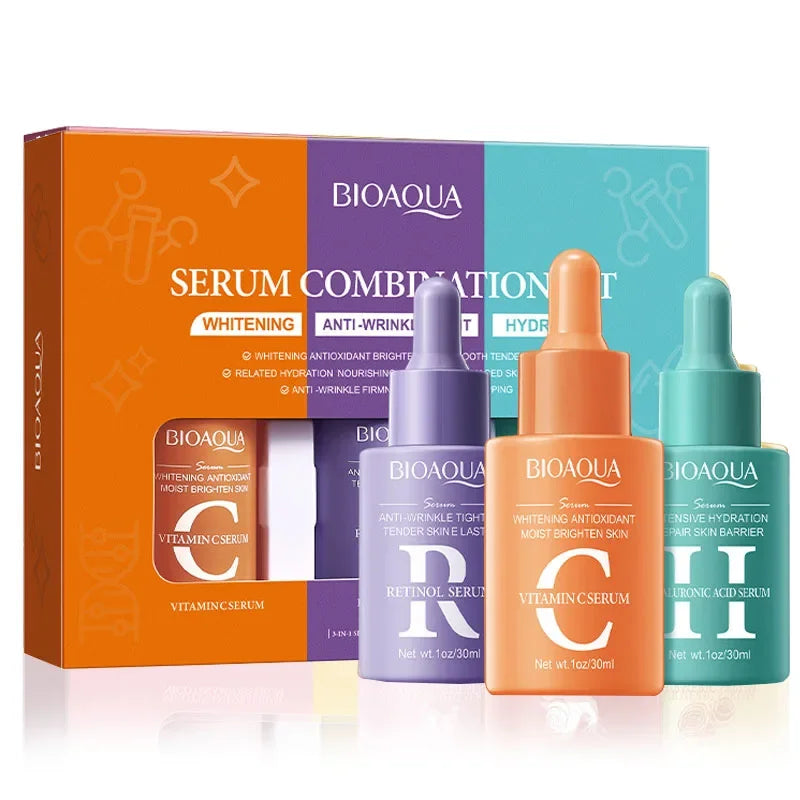 Kit 3 Séruns Faciais – Vitamina C, Retinol e Ácido Hialurónico
